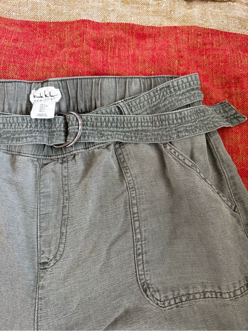 Nicole Miller Olive Green Linen Blend Women’s Belted Cargo Pants, size L, EUC! - Picture 4 of 12